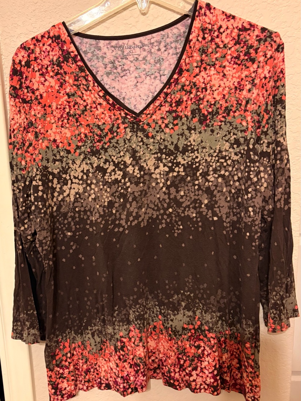 croft & barrow V-Neck Long-Sleeve Top in Coral and Brown